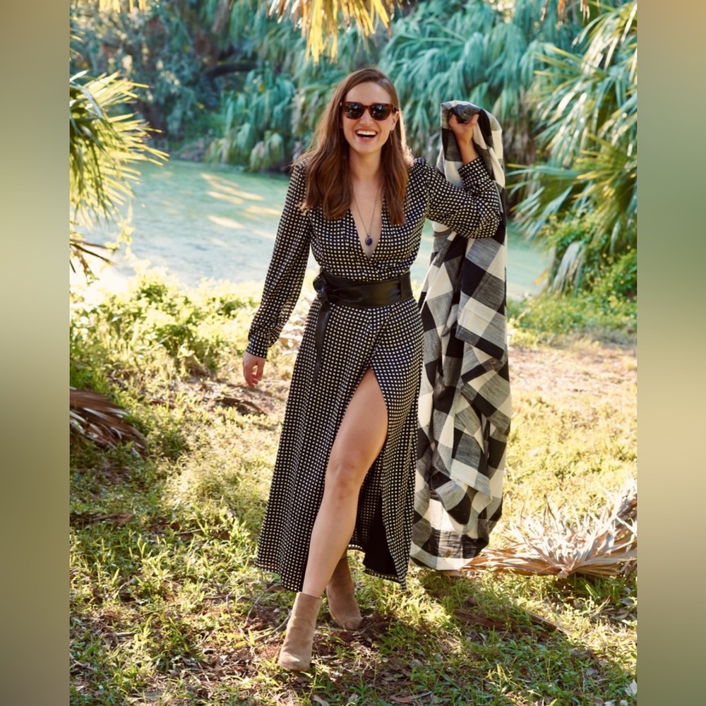 Equipment silk black and white wrap dress